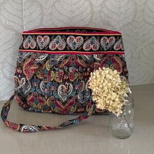 Quilted Cotton Paisley, Hearts, Tote, Purse, Bag Ruffle Pockets Red, Blue, Brown